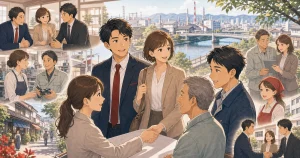 四日市の中小企業が地域で選ばれるためにをテーマにした経営者交流のソフトアニメ風イラスト