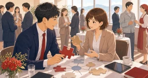 地元企業との協業を生み出す出会い方をテーマにした経営者交流のソフトアニメ風イラスト