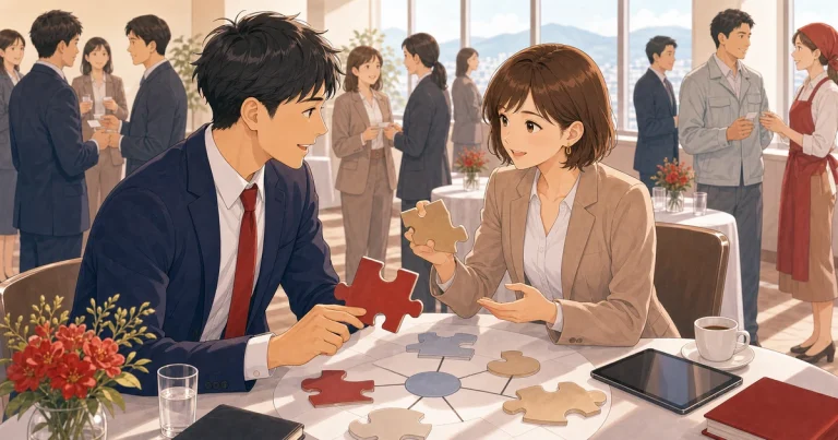 地元企業との協業を生み出す出会い方をテーマにした経営者交流のソフトアニメ風イラスト