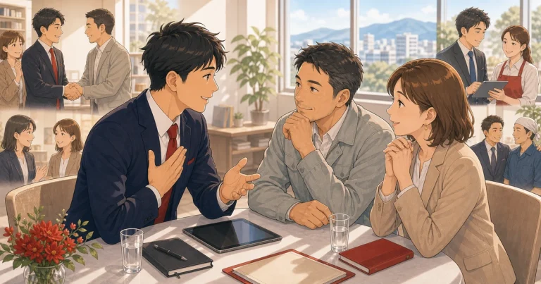 地域の経営者に信頼される会社になるにはをテーマにした経営者交流のソフトアニメ風イラスト