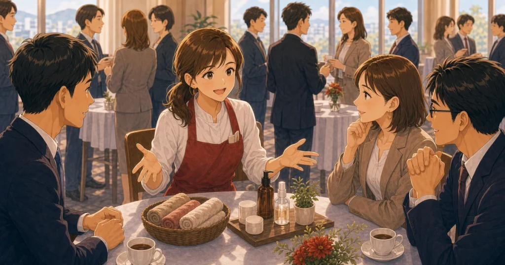 地元密着のサービス業が例会を活用する方法をテーマにした経営者交流のソフトアニメ風イラスト