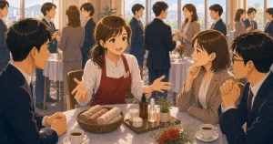 地元密着のサービス業が例会を活用する方法をテーマにした経営者交流のソフトアニメ風イラスト
