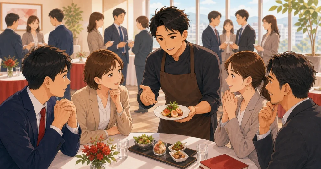 飲食店が守成クラブ四日市でファンを増やす方法をテーマにした経営者交流のソフトアニメ風イラスト