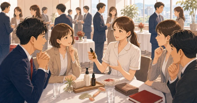 美容・健康サービスが紹介を広げるポイントをテーマにした経営者交流のソフトアニメ風イラスト