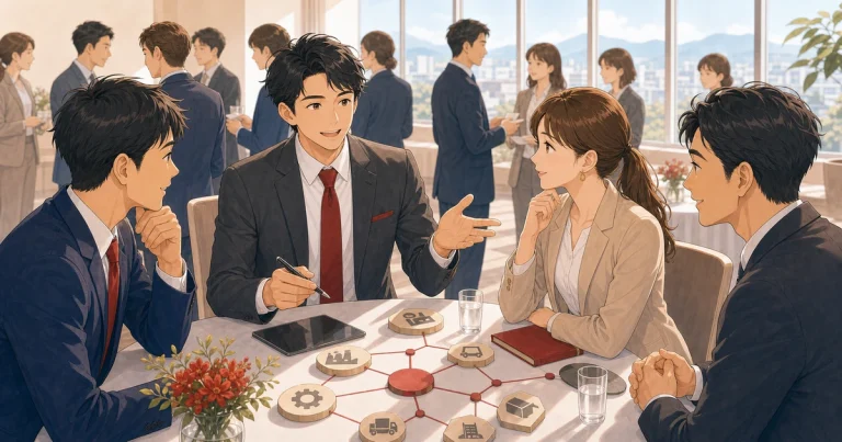 BtoB企業が地域交流を売上につなげる方法をテーマにした経営者交流のソフトアニメ風イラスト