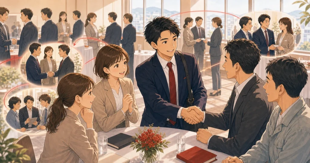 例会参加を習慣にすることで得られる変化をテーマにした経営者交流のソフトアニメ風イラスト