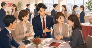 毎月参加する人ほど紹介されやすくなる理由をテーマにした経営者交流のソフトアニメ風イラスト