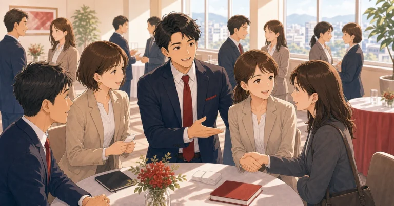 毎月参加する人ほど紹介されやすくなる理由をテーマにした経営者交流のソフトアニメ風イラスト