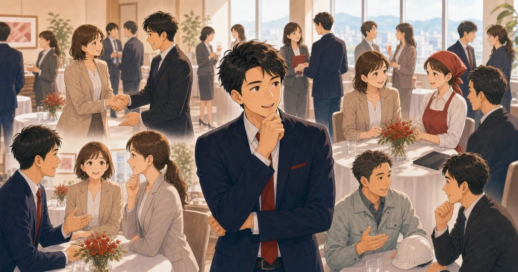 1回の参加で判断しないほうがいい理由をテーマにした経営者交流のソフトアニメ風イラスト