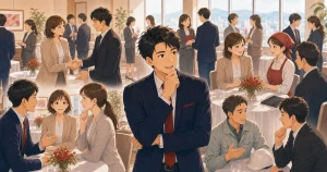 1回の参加で判断しないほうがいい理由をテーマにした経営者交流のソフトアニメ風イラスト