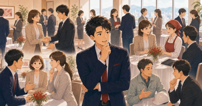 1回の参加で判断しないほうがいい理由をテーマにした経営者交流のソフトアニメ風イラスト