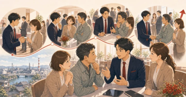 守成クラブ四日市で関係を育てる時間軸をテーマにした経営者交流のソフトアニメ風イラスト