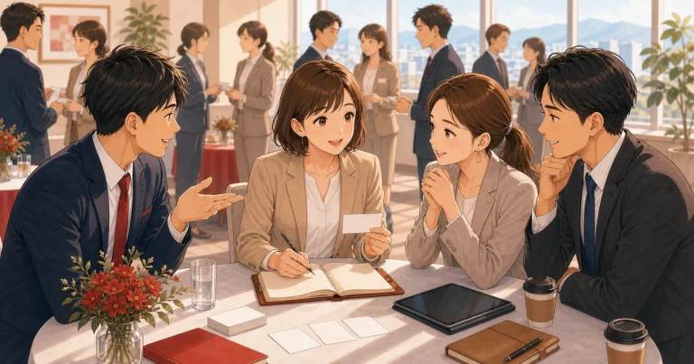 入会後3か月で意識したい行動をテーマにした経営者交流のソフトアニメ風イラスト