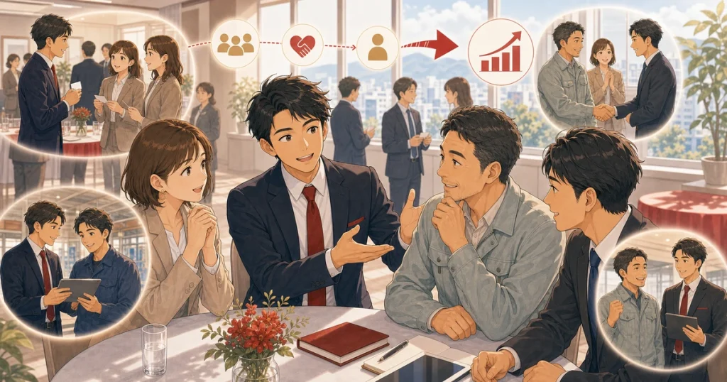 入会後半年で商売につなげるための動き方をテーマにした経営者交流のソフトアニメ風イラスト