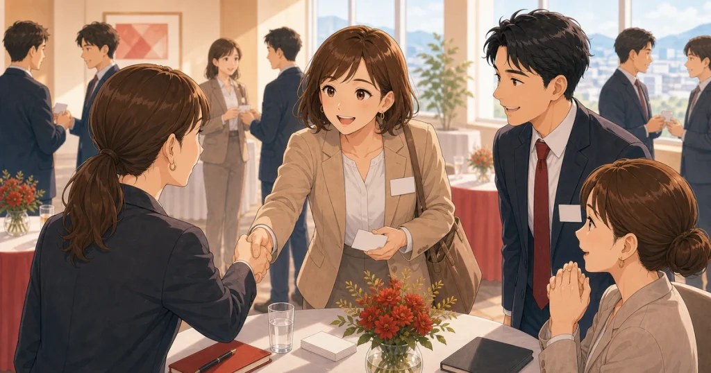 例会で顔を覚えてもらうための小さな工夫をテーマにした経営者交流のソフトアニメ風イラスト