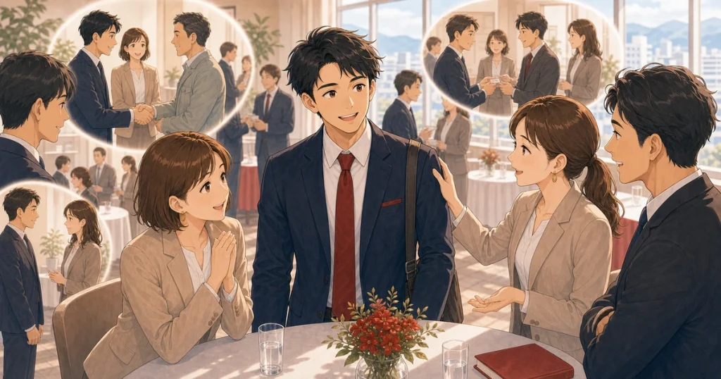 継続参加が信用につながる理由をテーマにした経営者交流のソフトアニメ風イラスト