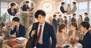 忙しい経営者が例会時間を確保する価値をテーマにした経営者交流のソフトアニメ風イラスト