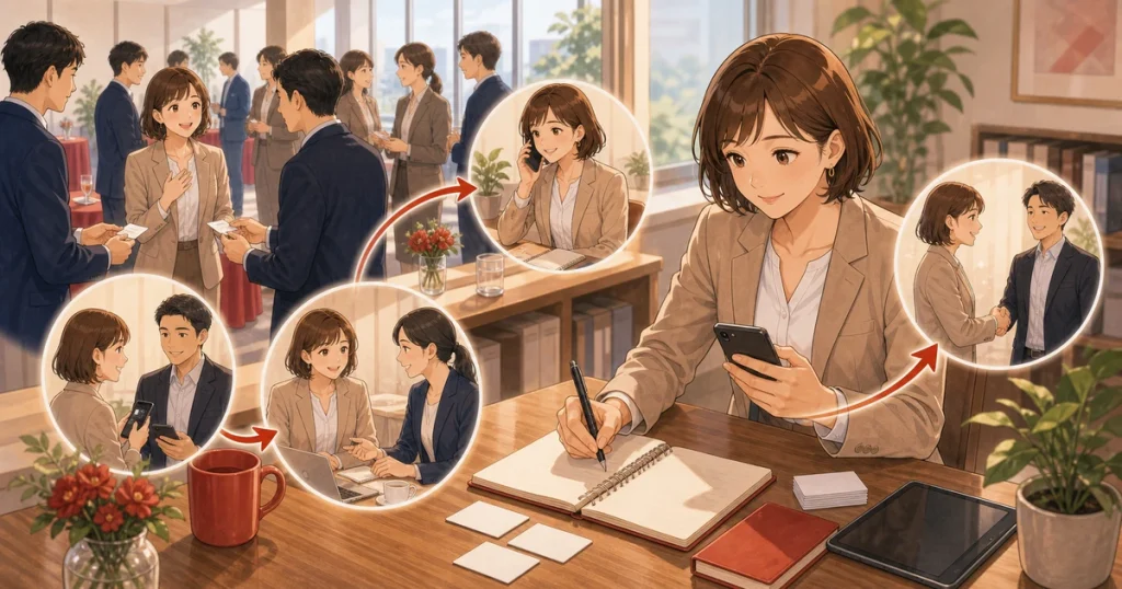 守成クラブを「参加して終わり」にしない使い方をテーマにした経営者交流のソフトアニメ風イラスト