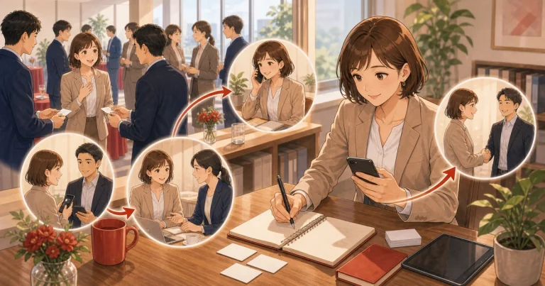 守成クラブを「参加して終わり」にしない使い方をテーマにした経営者交流のソフトアニメ風イラスト