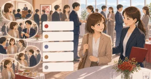 ゲスト参加で確認しておきたい5つのことをテーマにした経営者交流のソフトアニメ風イラスト