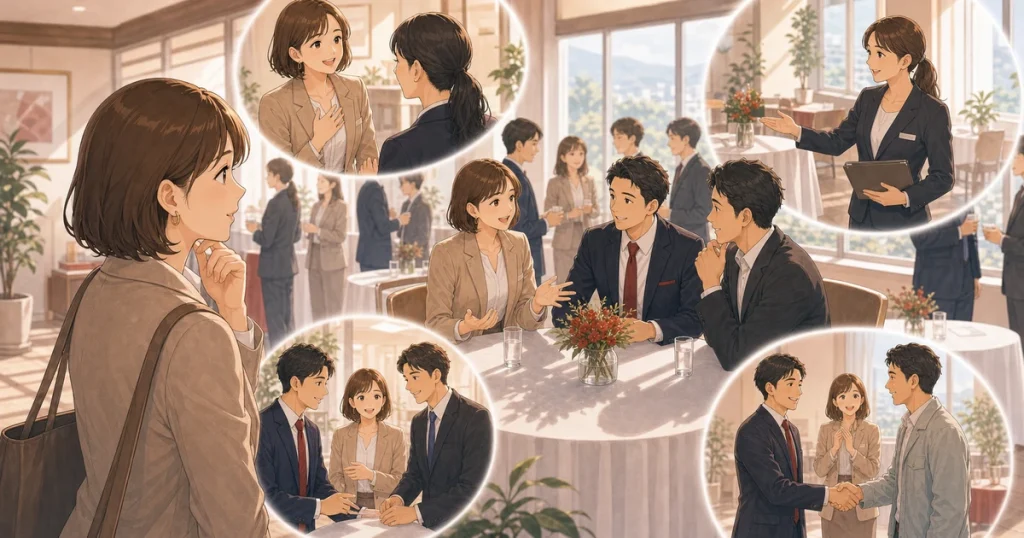 見学時に見るべきポイントは参加人数だけではないをテーマにした経営者交流のソフトアニメ風イラスト