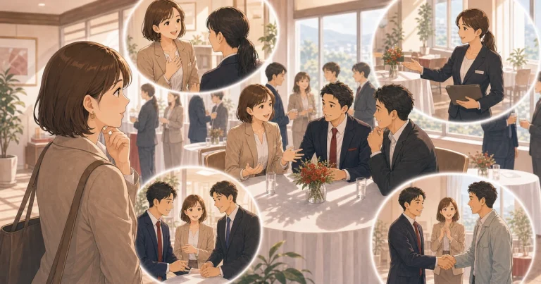 見学時に見るべきポイントは参加人数だけではないをテーマにした経営者交流のソフトアニメ風イラスト