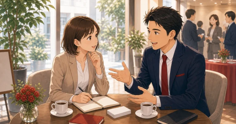 入会前に紹介者へ聞いておくとよいことをテーマにした経営者交流のソフトアニメ風イラスト