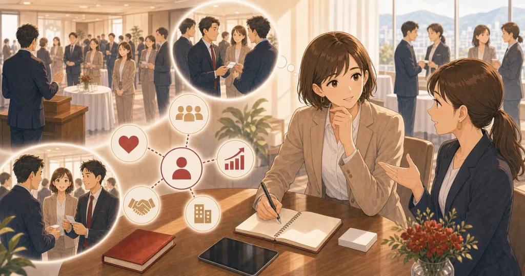 例会の雰囲気が自社に合うか見極める方法をテーマにした経営者交流のソフトアニメ風イラスト