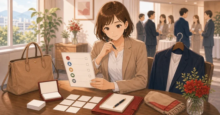 初参加で緊張しないための準備リストをテーマにした経営者交流のソフトアニメ風イラスト