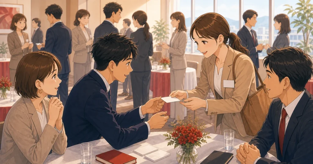 ゲスト参加で好印象を残すポイントをテーマにした経営者交流のソフトアニメ風イラスト