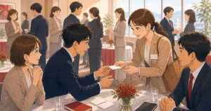 ゲスト参加で好印象を残すポイントをテーマにした経営者交流のソフトアニメ風イラスト