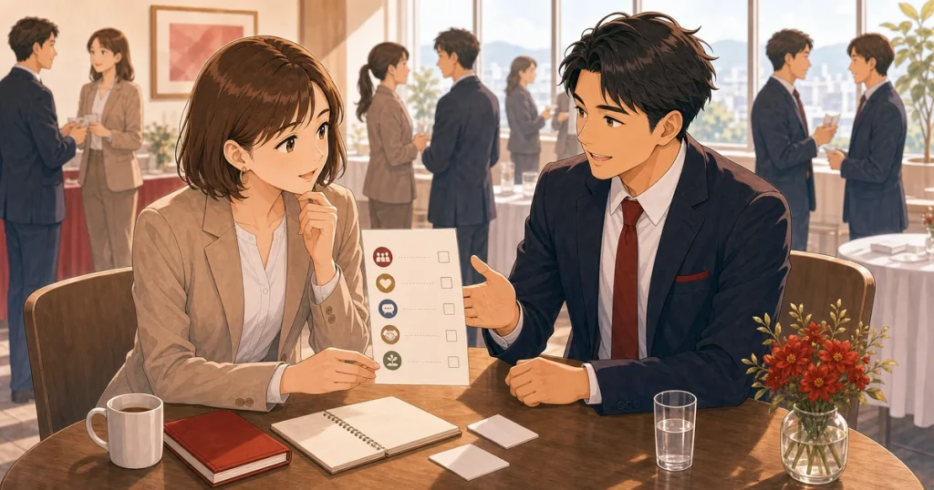 見学後に入会を判断するためのチェック項目をテーマにした経営者交流のソフトアニメ風イラスト