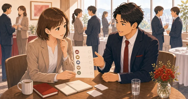見学後に入会を判断するためのチェック項目をテーマにした経営者交流のソフトアニメ風イラスト