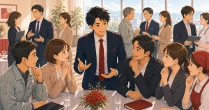 守成クラブ四日市に向いている経営者とはをテーマにした経営者交流のソフトアニメ風イラスト