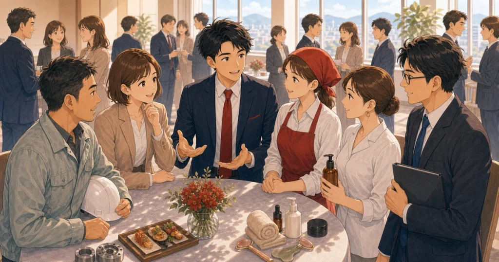 守成クラブ四日市を活かしやすい業種とはをテーマにした経営者交流のソフトアニメ風イラスト