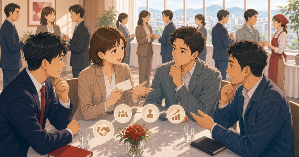 入会を迷っている方へ伝えたい現実的なメリットをテーマにした経営者交流のソフトアニメ風イラスト