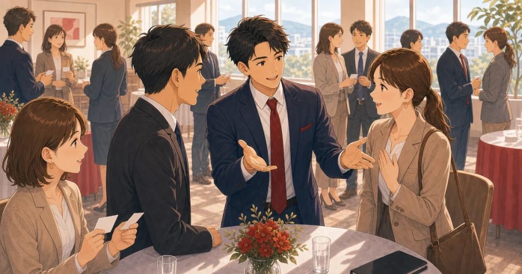 守成クラブの紹介文化を理解するをテーマにした経営者交流のソフトアニメ風イラスト