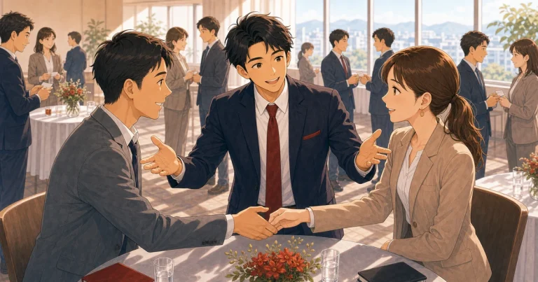 紹介する側になると商売が広がる理由をテーマにした経営者交流のソフトアニメ風イラスト