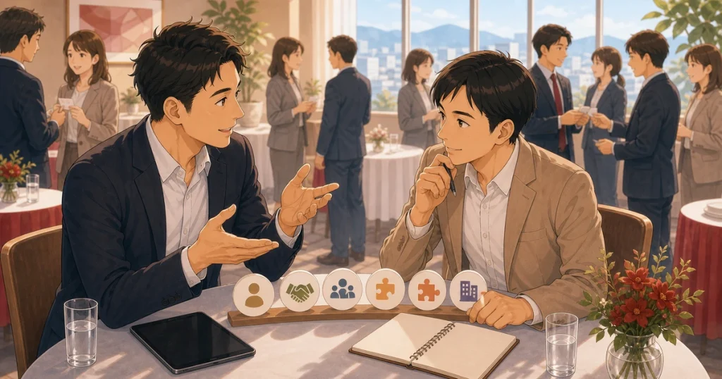 良い紹介をするために必要なヒアリングをテーマにした経営者交流のソフトアニメ風イラスト
