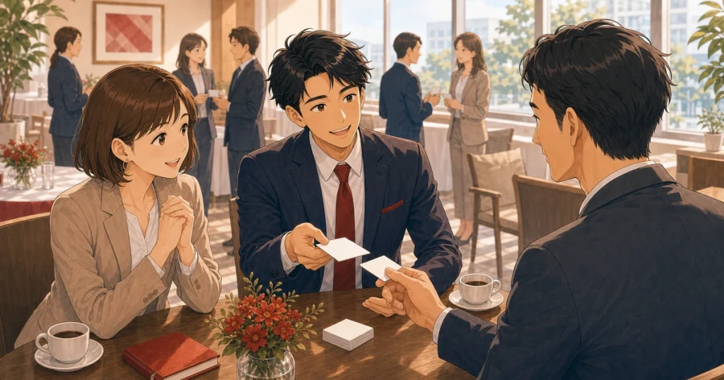 紹介先に喜ばれる経営者になるにはをテーマにした経営者交流のソフトアニメ風イラスト