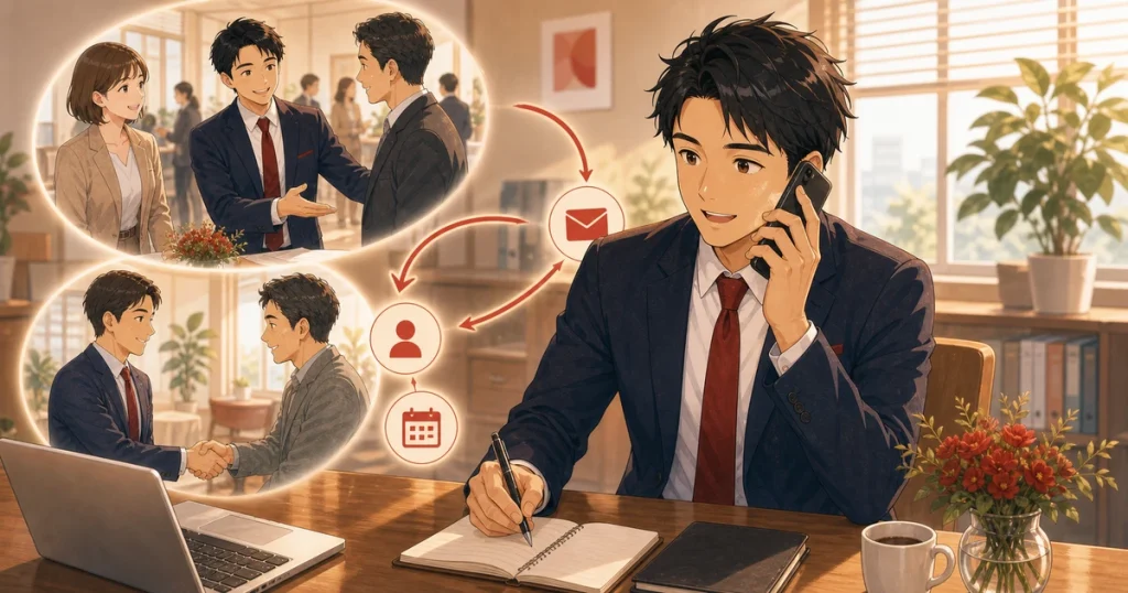 紹介された後の対応で信頼が決まるをテーマにした経営者交流のソフトアニメ風イラスト