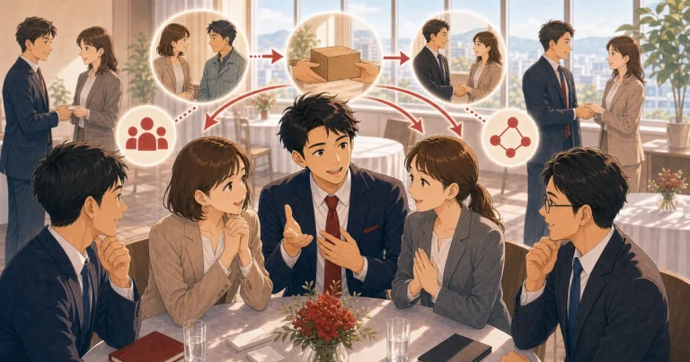 受発注報告が次の商談につながる理由をテーマにした経営者交流のソフトアニメ風イラスト