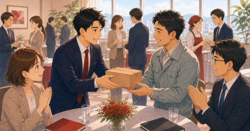 小さな取引を大切にすると紹介が増える理由をテーマにした経営者交流のソフトアニメ風イラスト