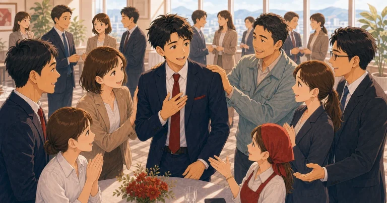 守成クラブで応援される会社になる方法をテーマにした経営者交流のソフトアニメ風イラスト