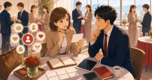 紹介をお願いする前にやっておきたいことをテーマにした経営者交流のソフトアニメ風イラスト