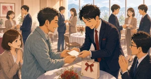 感謝を伝える経営者ほど紹介されやすい理由をテーマにした経営者交流のソフトアニメ風イラスト