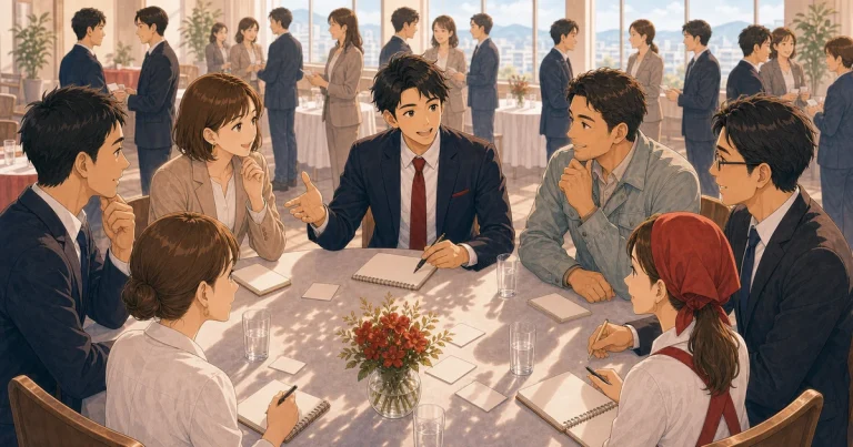車座商談会で話す内容を磨く方法をテーマにした経営者交流のソフトアニメ風イラスト