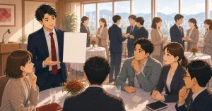 チラシ発表を成果につなげる準備をテーマにした経営者交流のソフトアニメ風イラスト