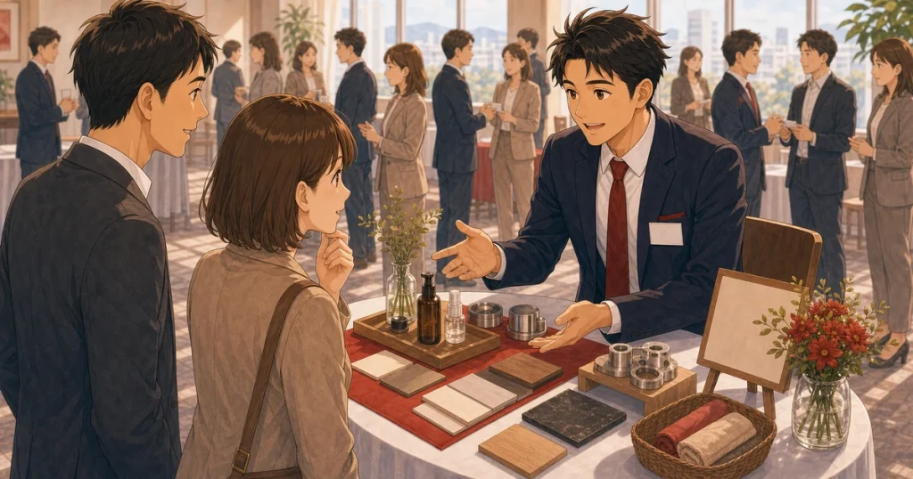 ブース出展で興味を持ってもらう見せ方をテーマにした経営者交流のソフトアニメ風イラスト
