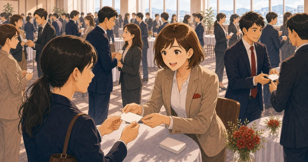 大名刺交換会で埋もれないための工夫をテーマにした経営者交流のソフトアニメ風イラスト